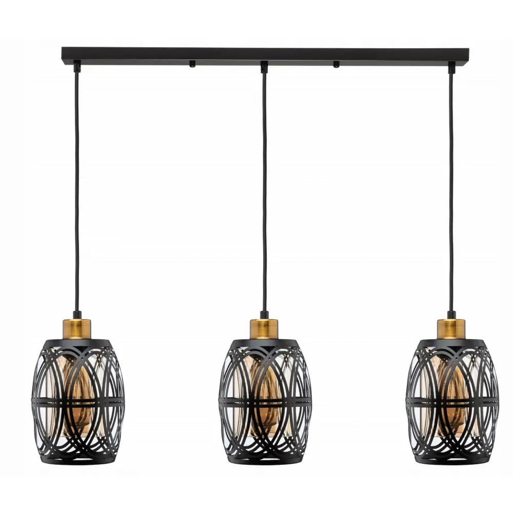 Hengelampe på skinne med tre pendler i sort metall, ovale mønstre og messingdetaljer, frontvisning.