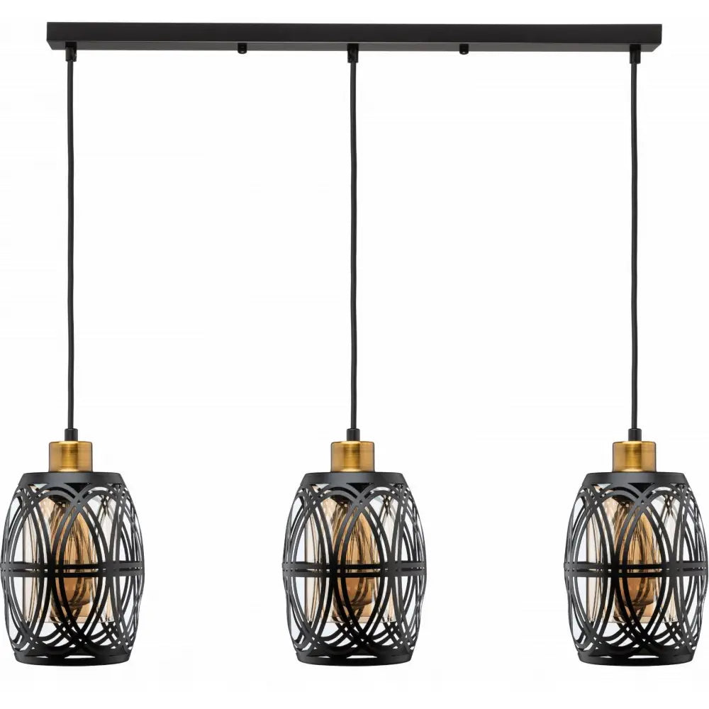 Hengelampe med tre sorte pendler og messingdetaljer, åpne lampeskjermer i geometrisk design, frontvisning.