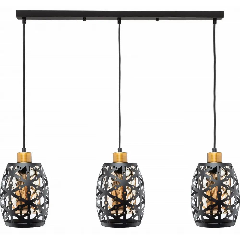 Hengelampe med tre sorte pendler, gyldne detaljer og geometriske metallskjermer, frontvisning mot hvit bakgrunn.