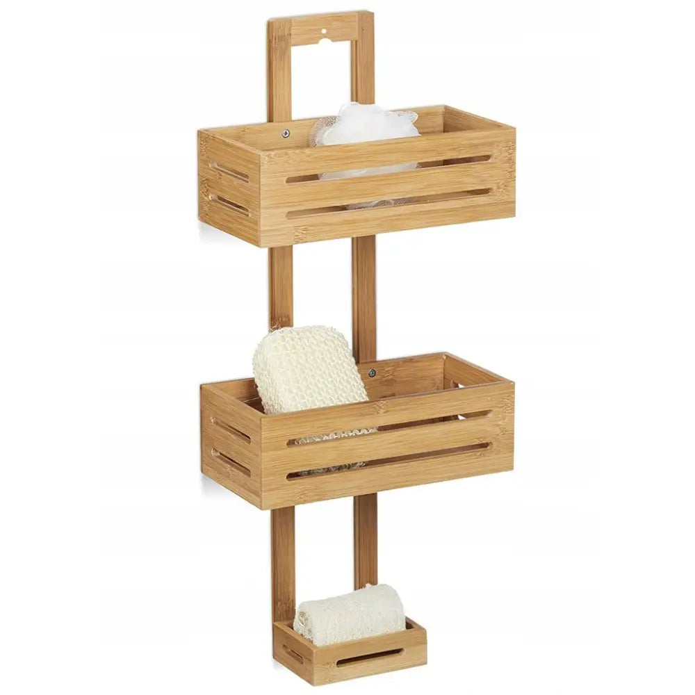 Hengende bambus baderomshylle med tre åpne kurver, sidevisning som viser lyse trespor og vertikale støtter.