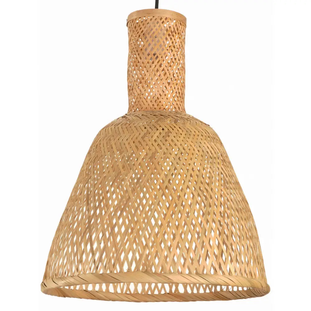 Hengende Boho-lampe i bambusflett, frontvisning med høy hals og bred, åpenmønstret skjerm.