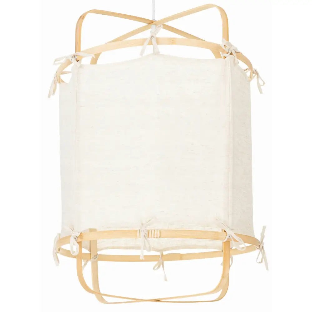 Hengende Boho lampe i lin, frontvisning med lyst treverk, lys tekstilskjerm og dekorative sløyfer.