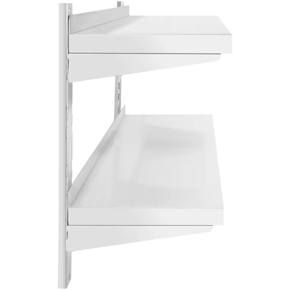Dobbel veggmontert stål-hylle, sidevisning med to justerbare hvite metallhyller på vertikal skinne.