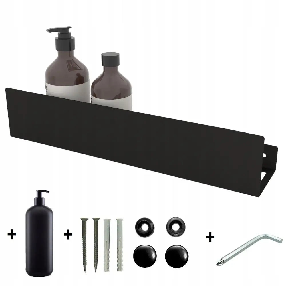 Hengende dusjhylle i svart metall sett fra siden, med to flasker og medfølgende monteringsutstyr under.