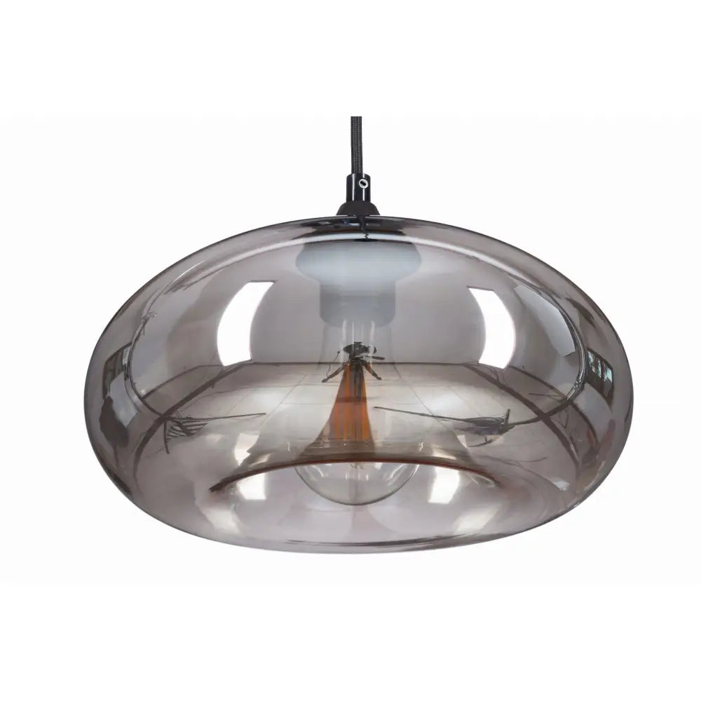 Hengende glasslampe Cairo i grafitt, rund pendel med røykfarget glass og synlig lyspære, frontvisning.