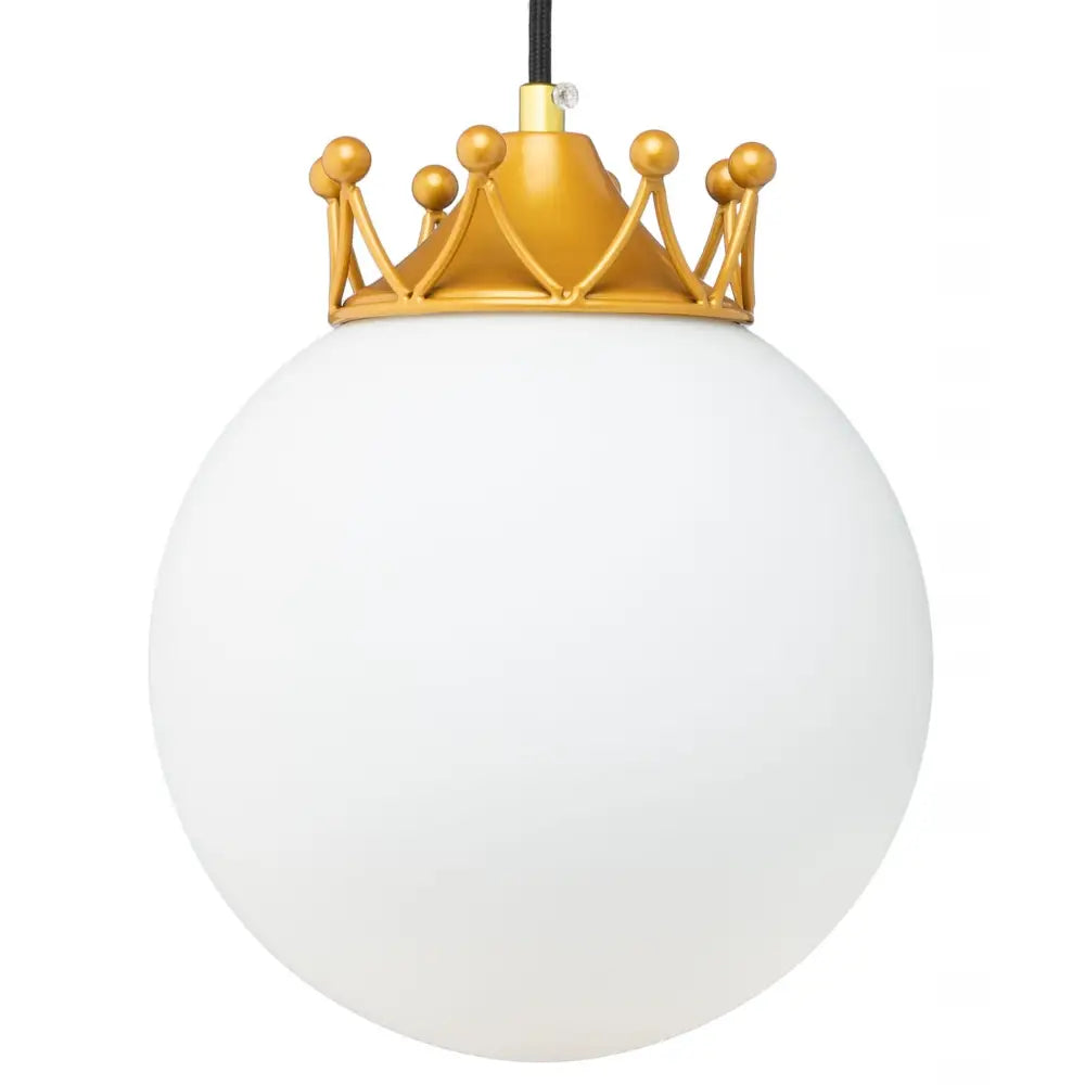 Hengende glasslampe Kule 20 cm Milky Queen, frontbilde som viser matt hvit kuppel og gullkrone.