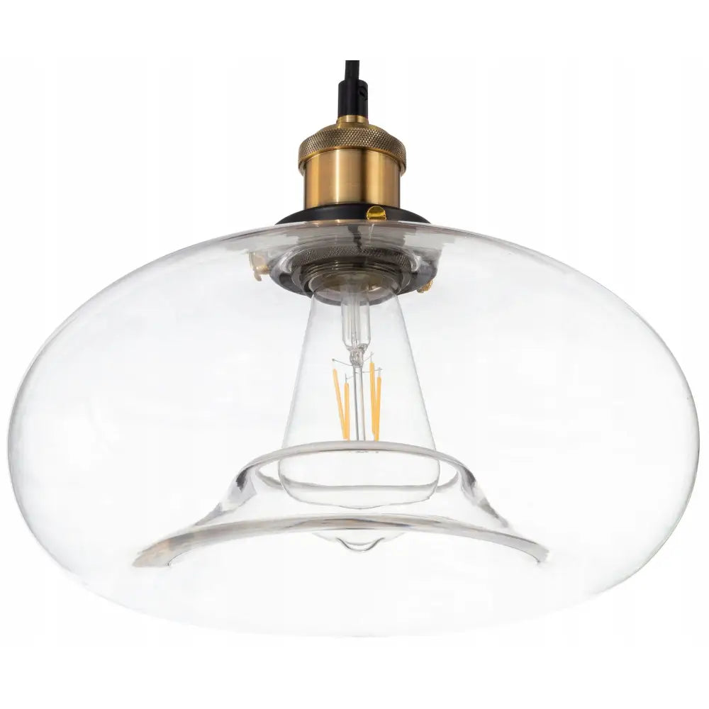 Hengende glasslampe Loft Cairo Gull med rund glasskuppel, synlig lyspære og messingfatning med sorte detaljer.