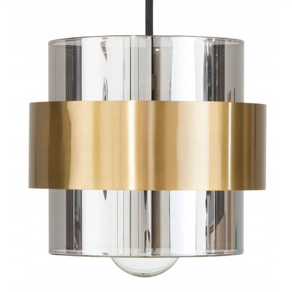 Hengende glasspeillampe med sylinderform og bredt, matt gullbånd rundt midten, frontvisning mot lys bakgrunn.