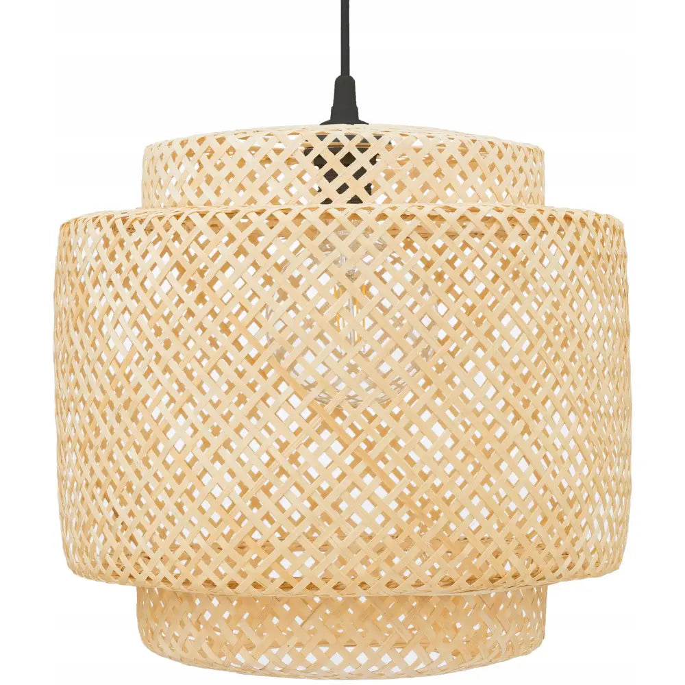 Hengende lampe Boho i bambus, frontvisning med synlig lyspære og svart ledning i toppen.