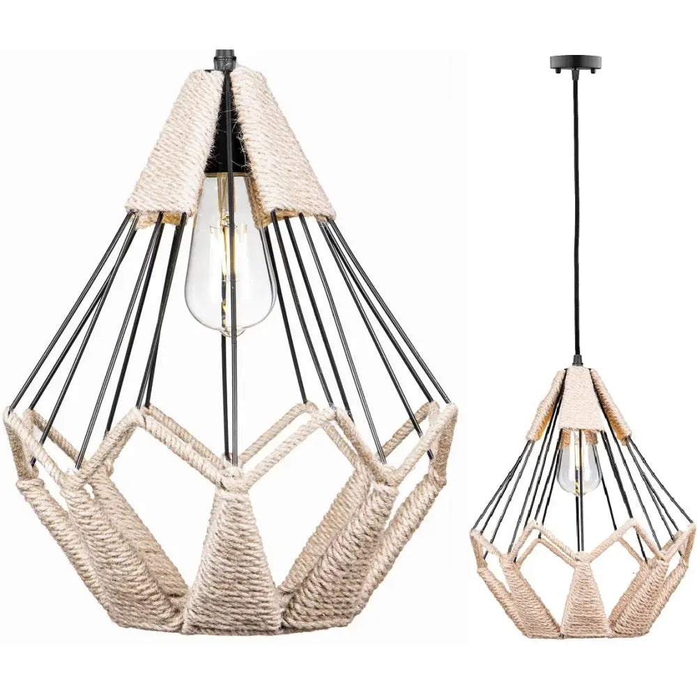 Hengende lampe med sort metallramme og lysebrunt tau, synlig glødepære i midten, frontvisning.