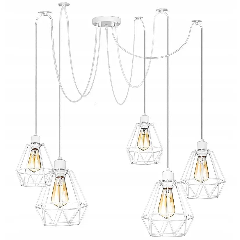 Hengende lampe Edderkopp Lysekrone, fem hvite bur-skjermlamper med synlige pærer i industrielt design.