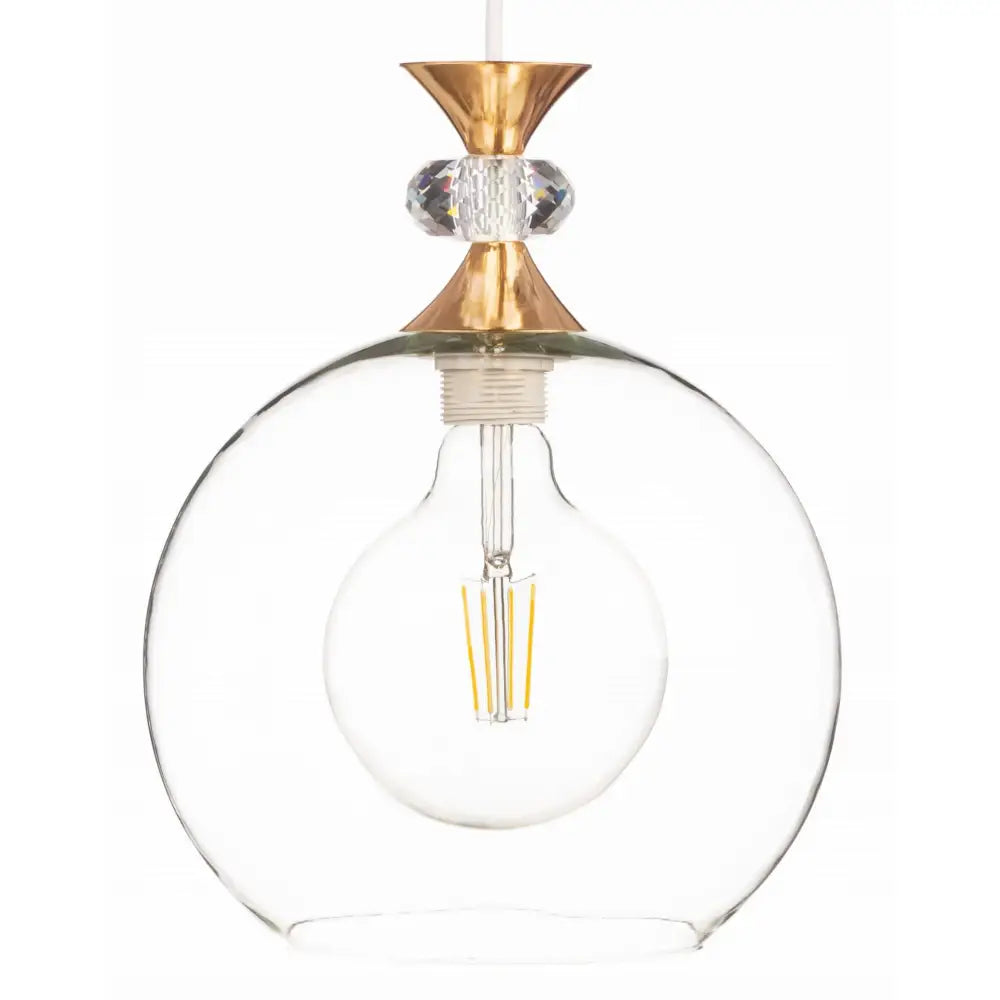 Hengende lampe med klar glasskuppel, dekorativ krystall og gyldne messingdetaljer mot hvit bakgrunn.