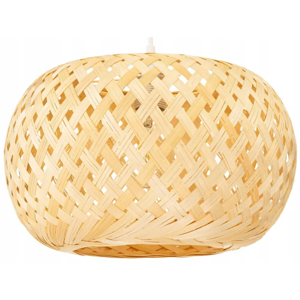 Hengende lampe i flettet bambus, avrundet design i naturlig lysebrun farge, åpning synlig nederst.