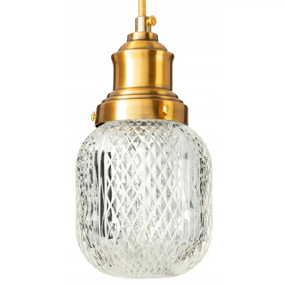 Hengende lampe i glass Shadow Gull, frontvisning med rillet glasskuppel og messingfarget feste mot hvit bakgrunn.