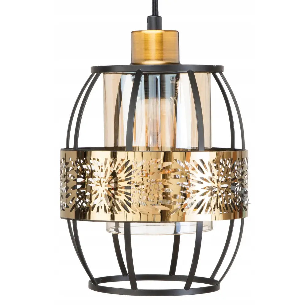 Hengende lampe i glassmaleristil med sort metall, sylinderformet glass og gullfarget ring med stjernedekor.