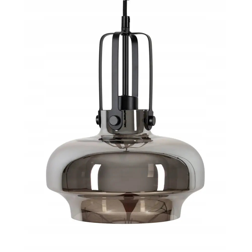 Hengende lampe Asana i røykfarget speilglass med sorte detaljer, frontvisning med synlig oppheng.