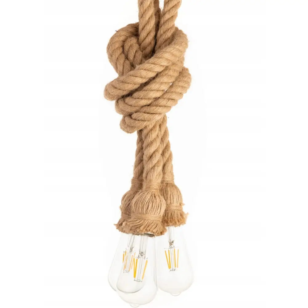 Hengende lampe i hvit jute, to sammenknyttede hampetau med to glasspærer, frontvisning mot hvit bakgrunn.
