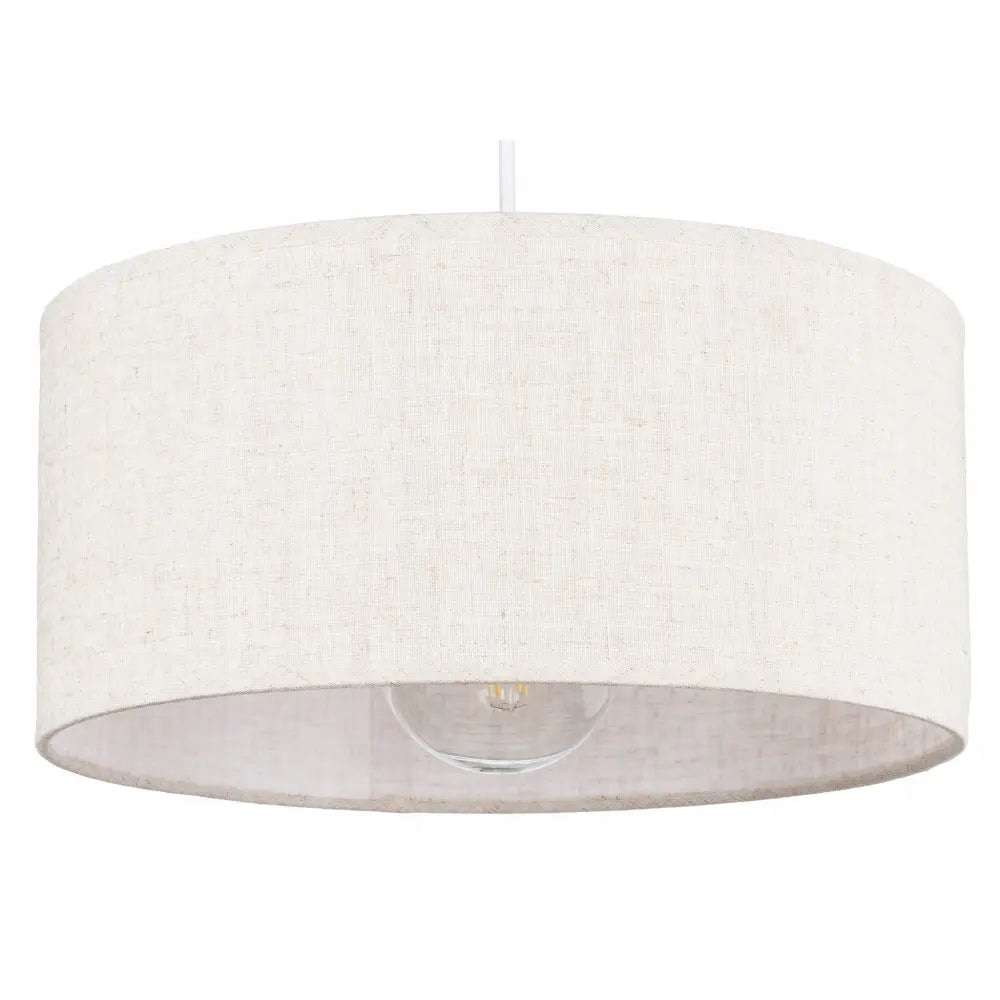 Hengende lampe Len Boho Natur, rund beige tekstilskjerm med delvis synlig glødepære i midten.