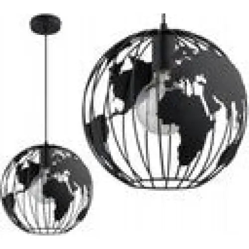 Hengende lampe Light Globus, rund svart metallskjerm med utskårne verdenskart, sett fra siden og front.