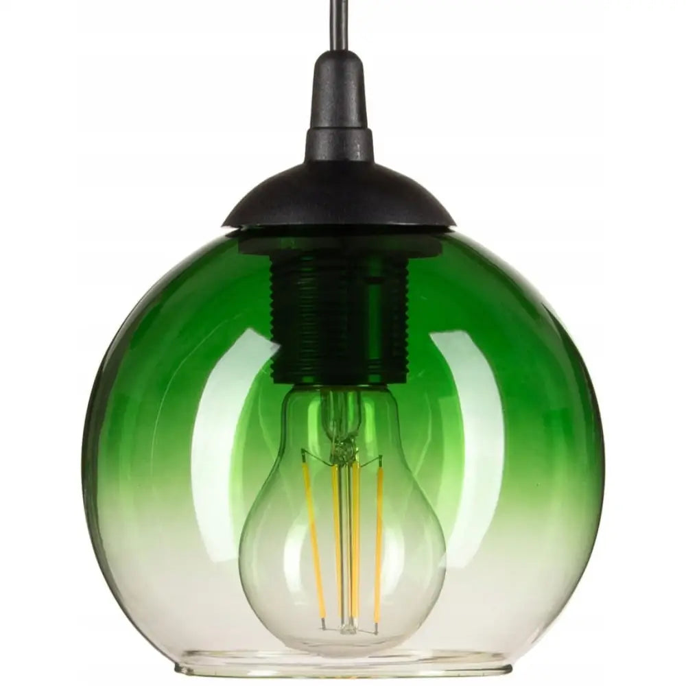 Hengende lampe Venus med liten, rund grønn glasskuppel, synlig lyspære og sort oppheng sett forfra.