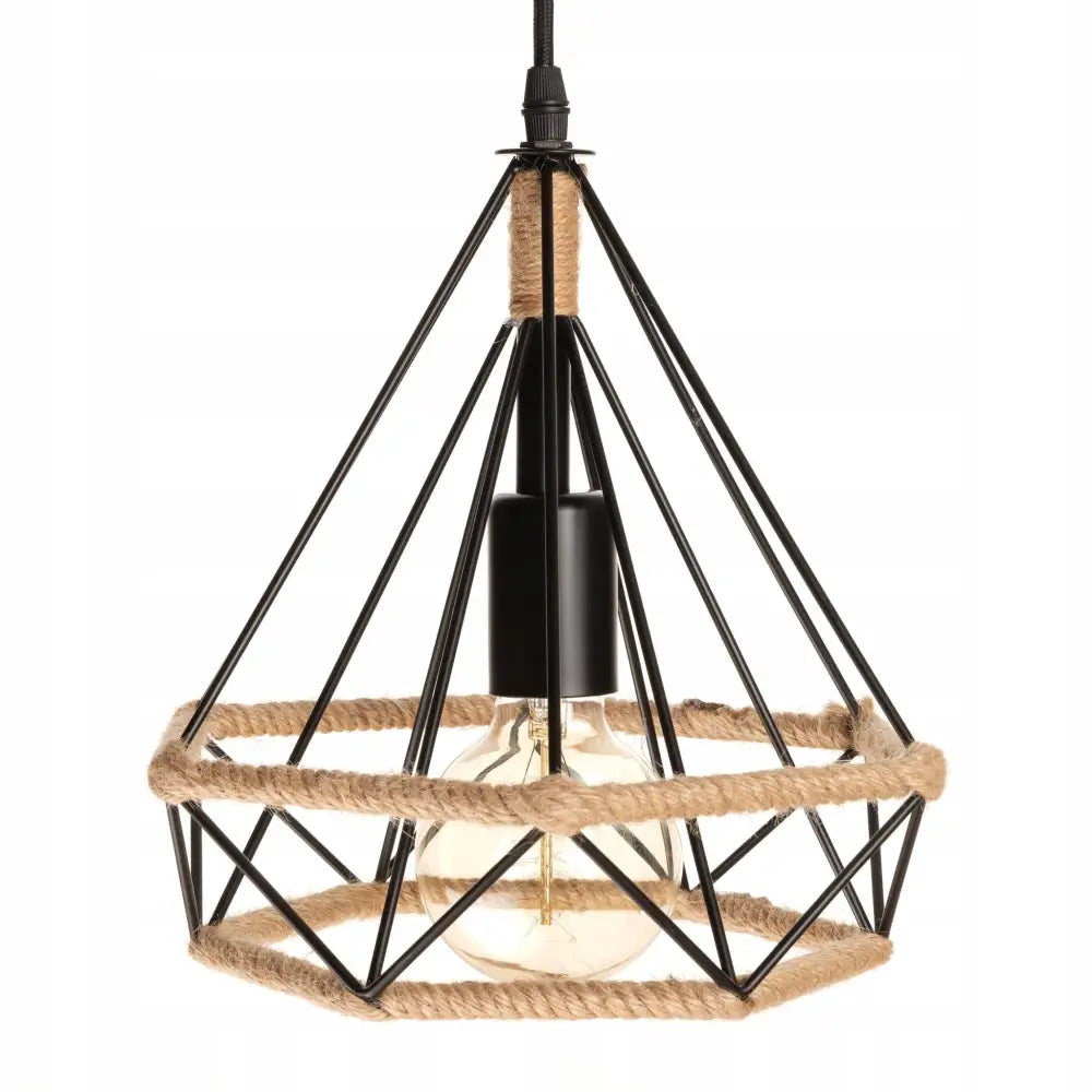 Hengende lampe Mini Geo S Boho, sidevisning med synlig lyspære og naturfarget jutesnor rundt svart metallramme.