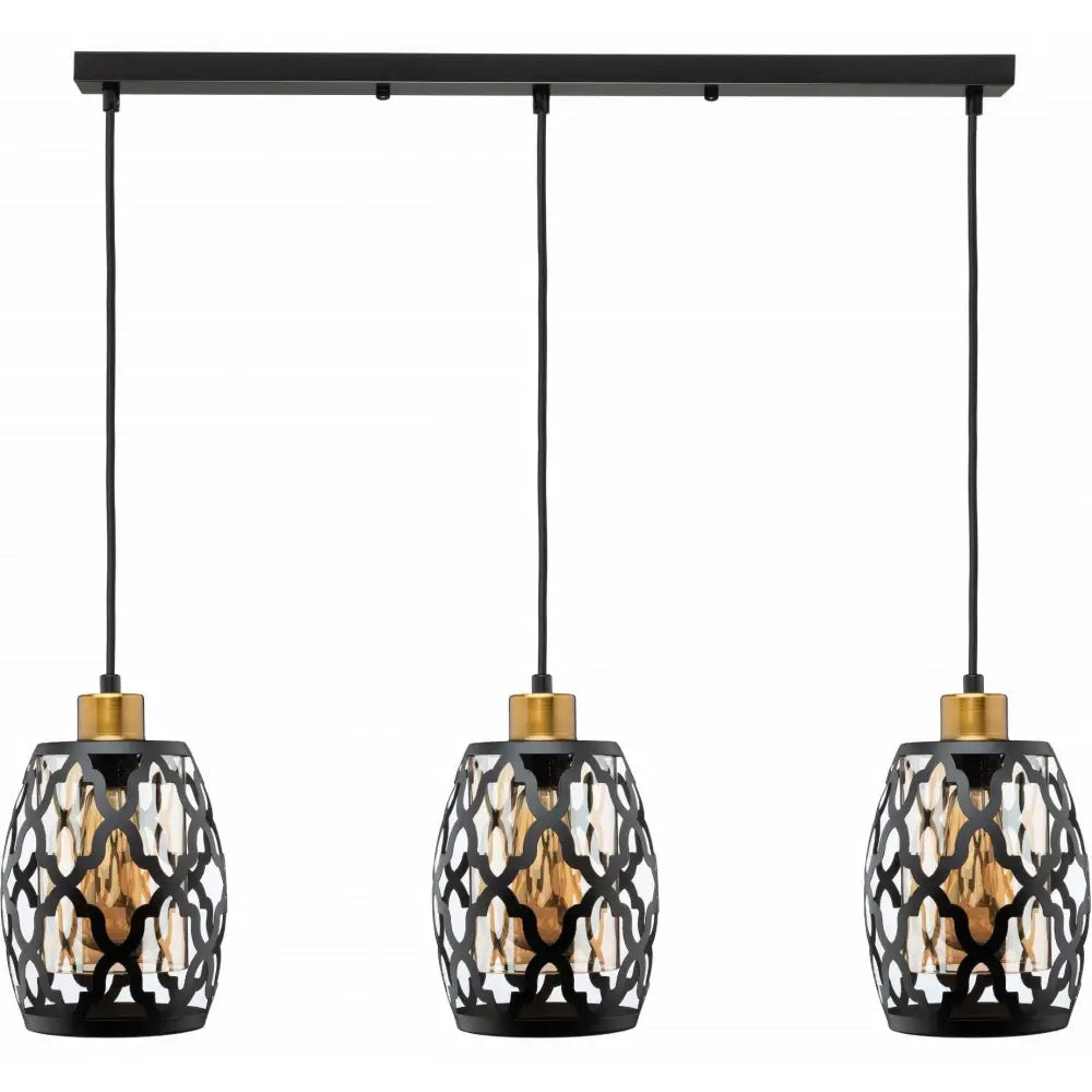 Hengende lampe på skinne i svart, tre pendler med åpne metallskjermer og gullfarget innside mot hvit bakgrunn.