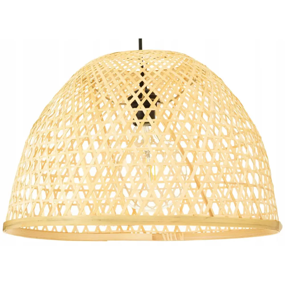 Hengende lampe i sort boho-stil, flettet bambus med åpent geometrisk mønster og synlig lyspære.