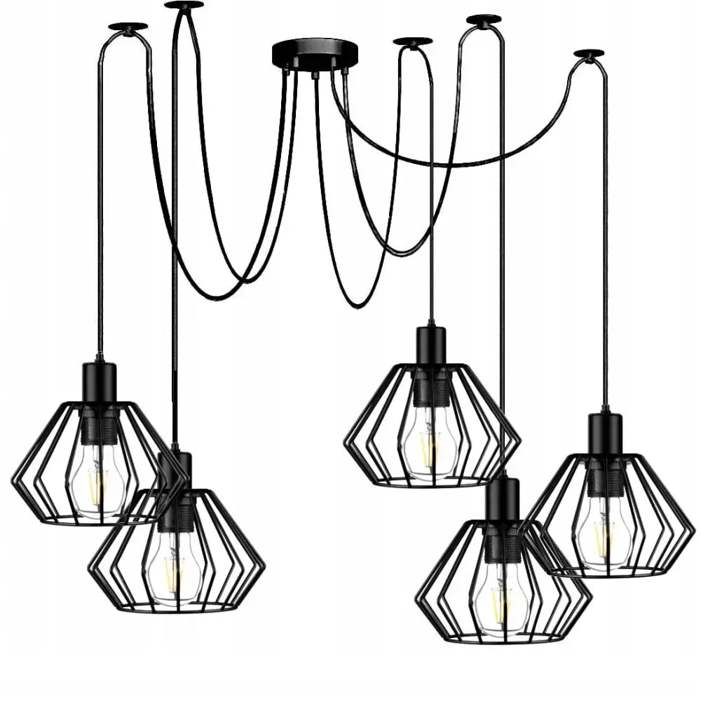 Hengende lampe Spider med fem sorte metallbur-skjermer og synlige lyspærer i industrielt design.