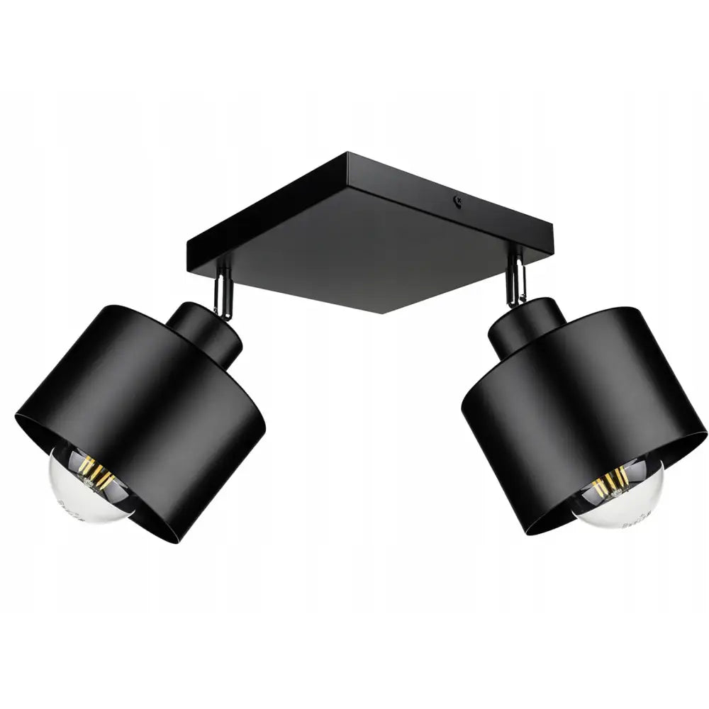 Hengende Spotlight taklampe med to svarte, sylindriske spotlights i metall, sett fra undersiden mot siden.