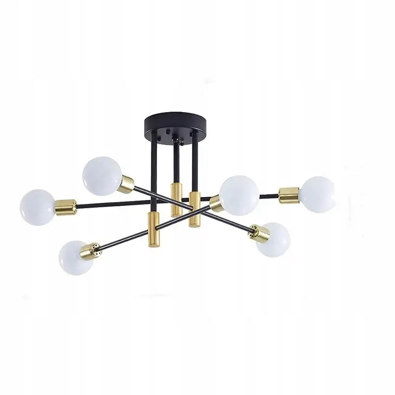 Hengende lampe Sputnik lysekrone, åtte hvite glasskupler, sorte armer og gullfargede detaljer i moderne stil.
