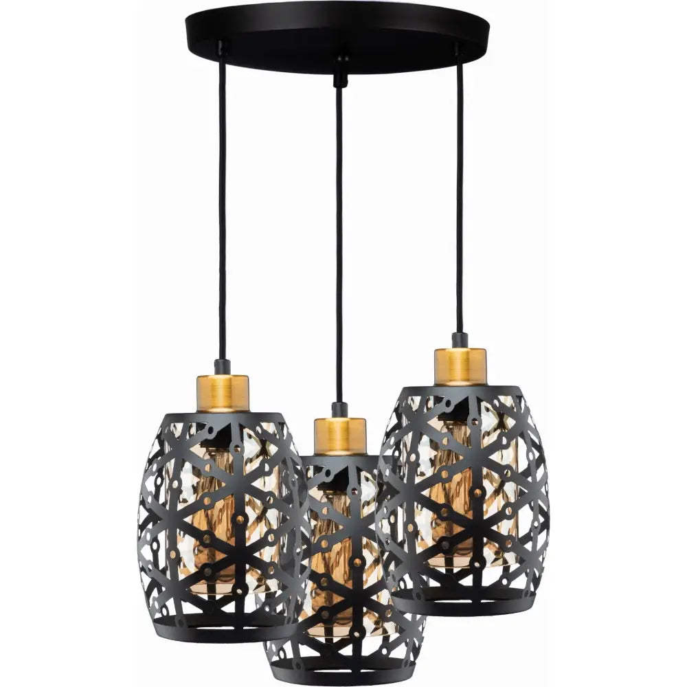 Taklampe med tre hengende svarte metallskjermer, dekorert med gullfargede detaljer og mønster.