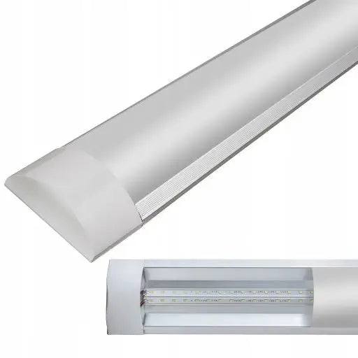 Hengende LED-lampe 120cm, sidevisning og detalj av innside med LED-striper i hvit armatur.