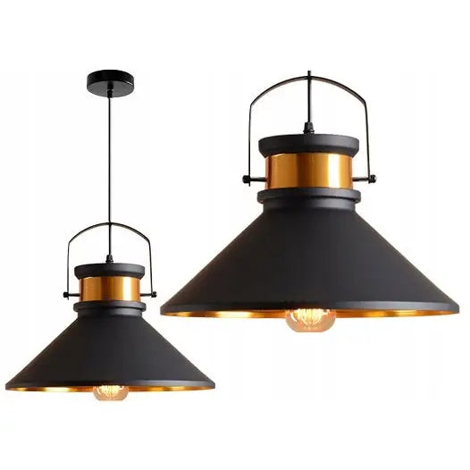 Hengende metallampe Loft Asti B, svart konisk skjerm med gyldne detaljer og synlig lyspære fra siden.