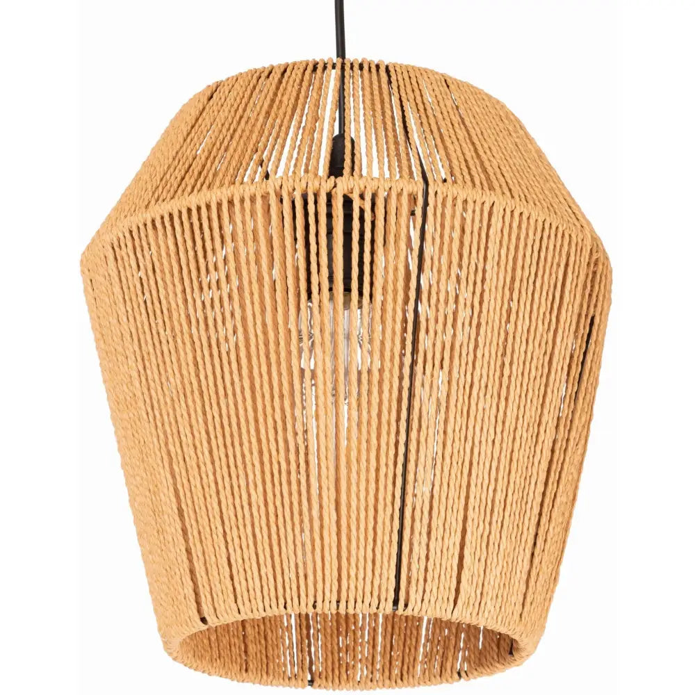 Hengende strenglampe i flettet tau, frontvisning med åpen geometrisk skjerm og synlig lyspære.