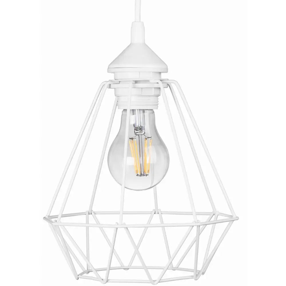 Hengende taklampe Diamant Basket, hvit metall med åpent tråddesign og synlig lyspære foran.