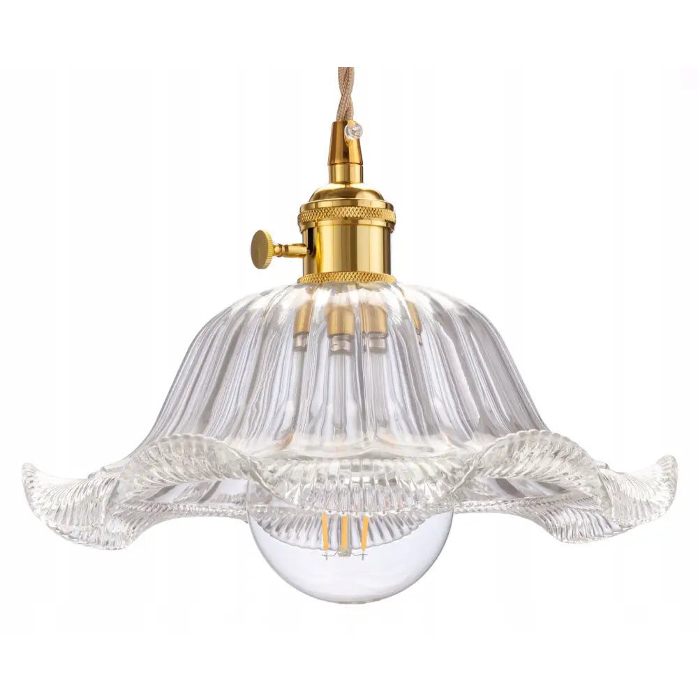 Hengende taklampe Flower med rillet, bølget glasskjerm og messingfargede detaljer, frontvisning.