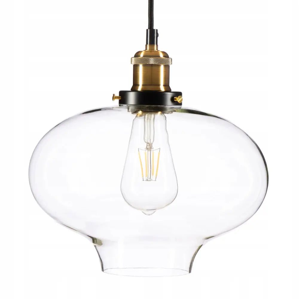 Hengende taklampe Cairo med klar glasskuppel, synlig lyspære og messingfarget ramme, frontvisning.