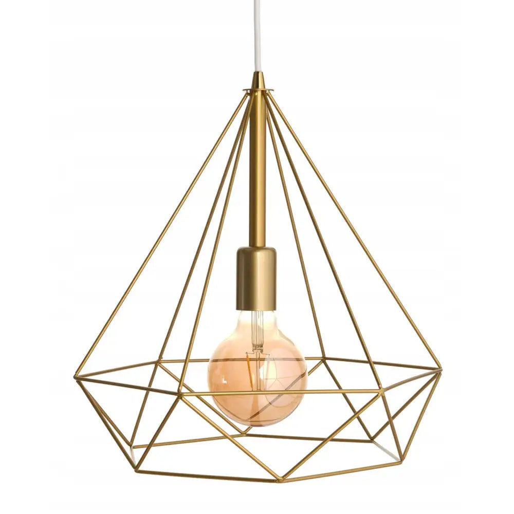 Hengende taklampe Geo i gullfarget metall med åpen, geometrisk front og synlig lyspære.