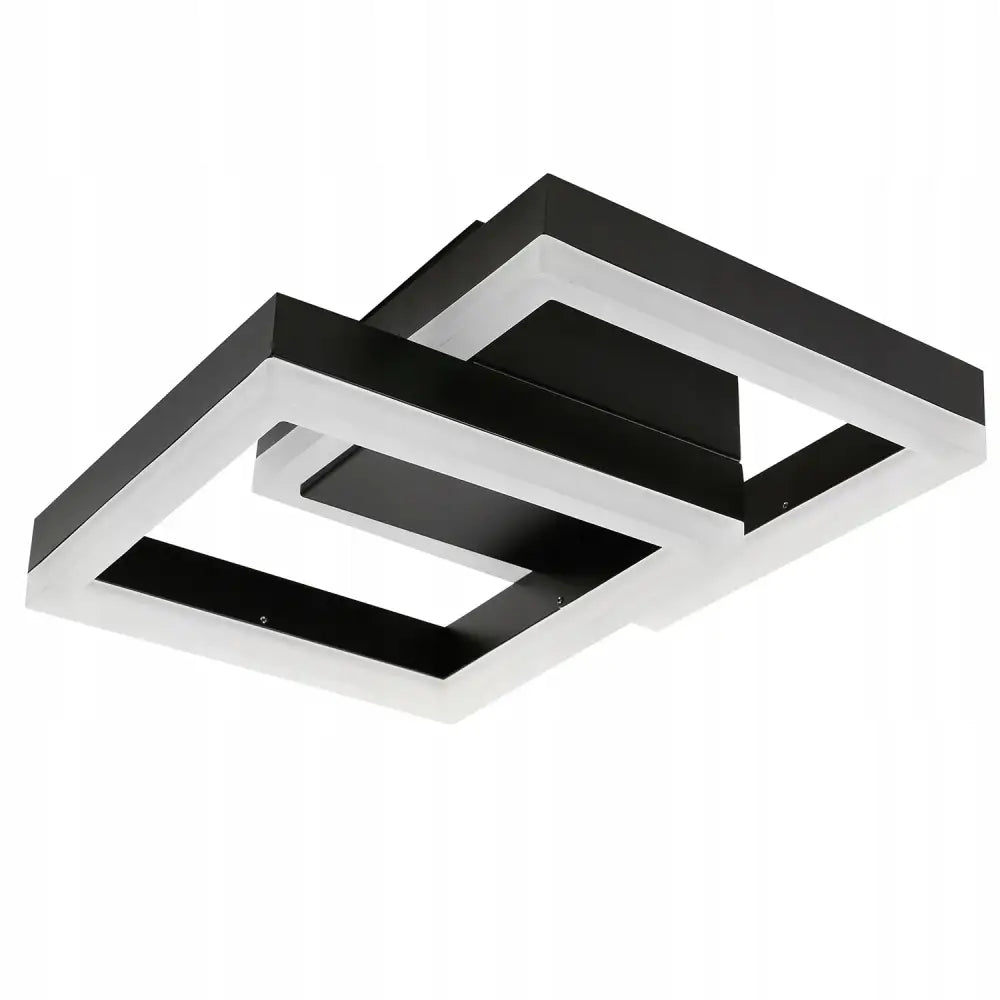Hengende taklampe LED, sort og hvit med to kvadratiske rammer i ulike høyder sett skrått nedenfra.