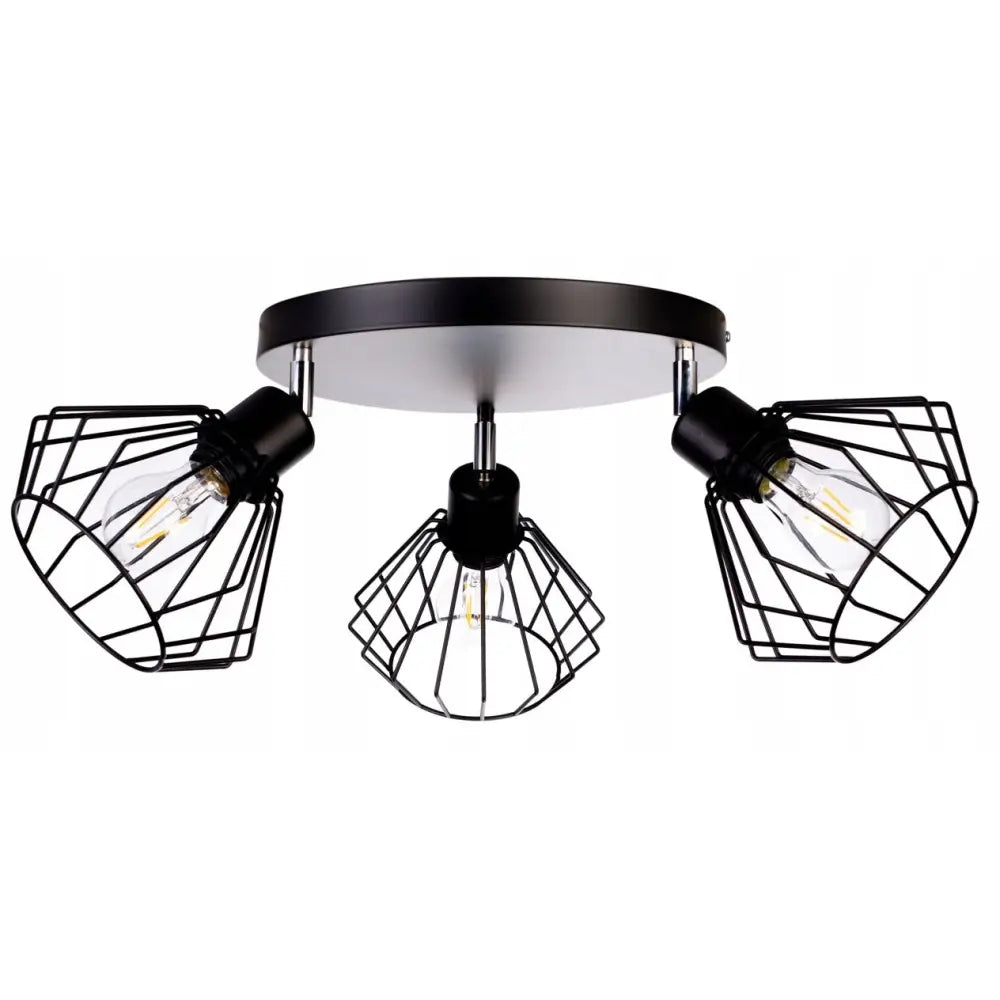 Hengende taklampe med tre svarte spothoder og åpne nettingdeksler, synlige pærer, sett fra undersiden.