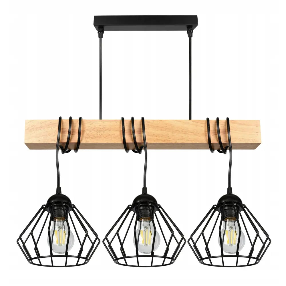 Hengende taklampe med lyst trepanel, tre sorte burformede pendellamper og synlige LED-lyspærer.