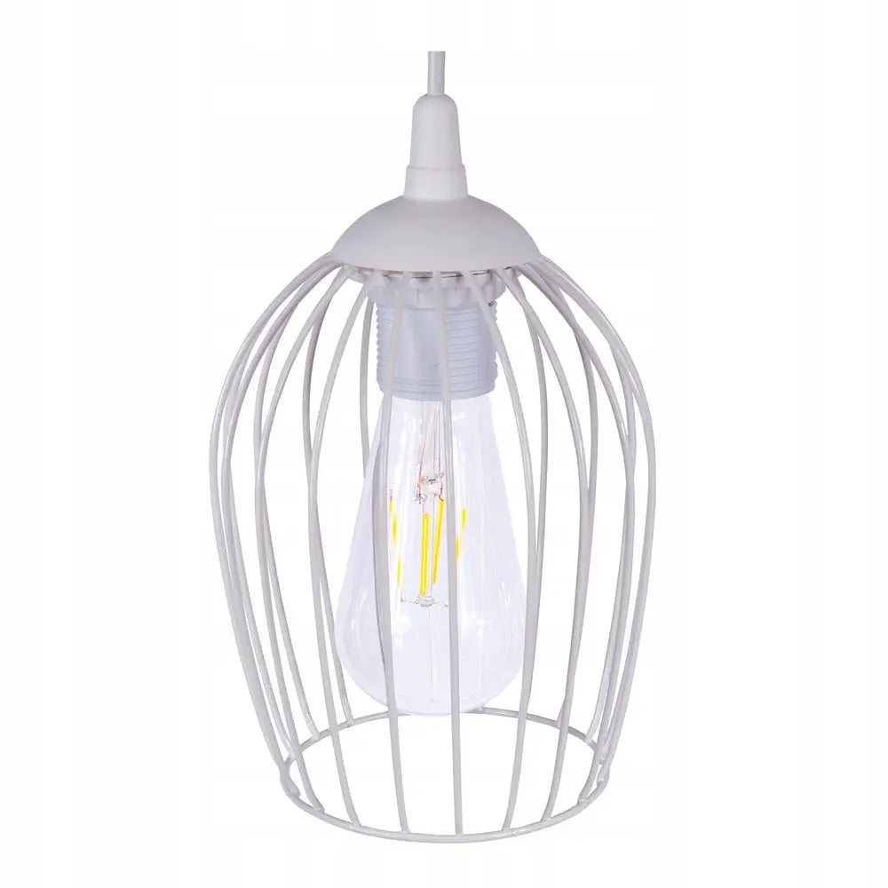 Hengende taklampe Oval Loft i hvit metall, åpen burformet skjerm med synlig lyspære.