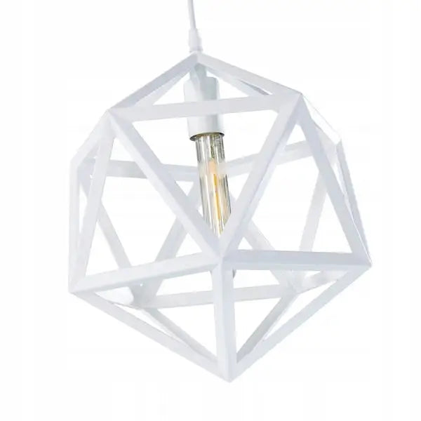 Hengende taklampe i hvitt metall med åpen, geometrisk ramme og synlig lyspære, sett forfra.