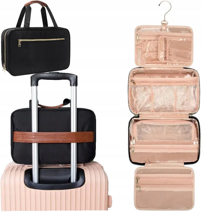 Hengevennlig toalettmappe i sort tekstil, åpen med flere rom, glidelåslomme og krok for oppheng.