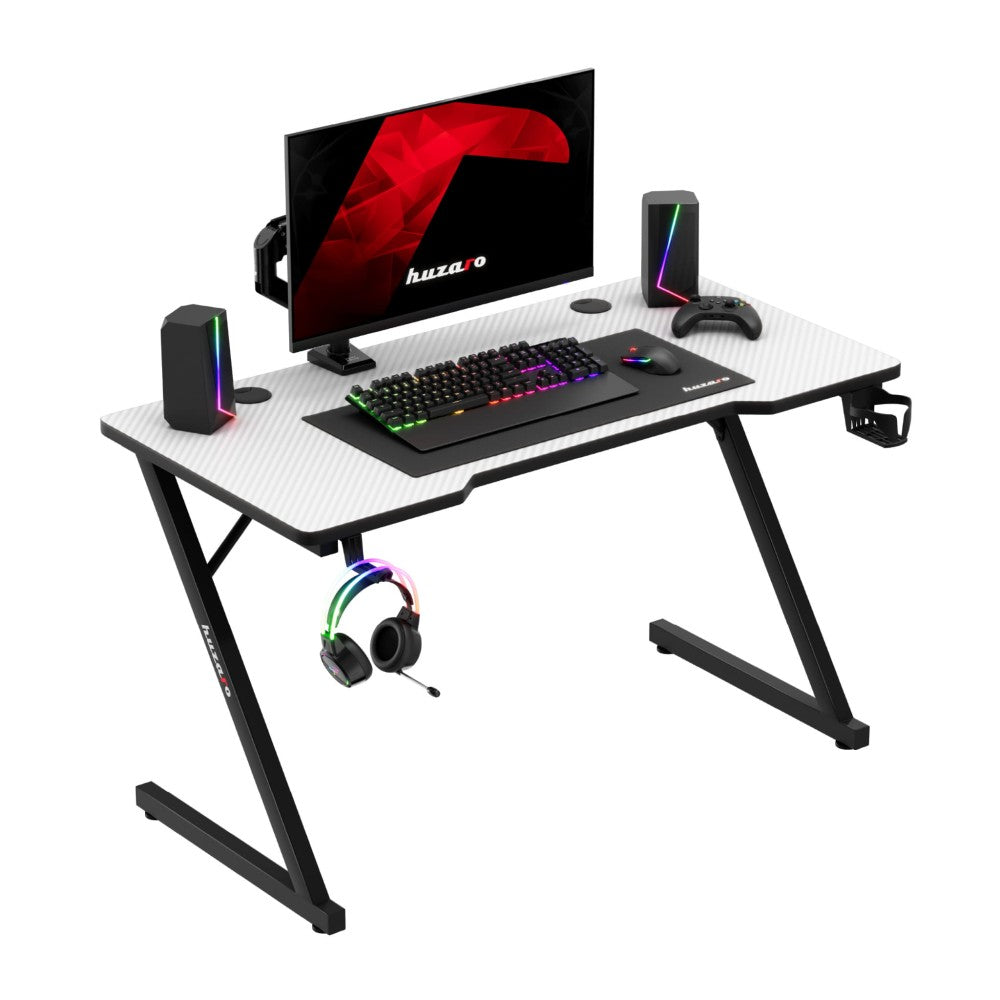 Huzaro Hero 2.5 hvitt gamingbord 120 cm – frontvisning med karbonbelegg