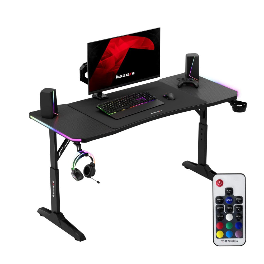 Huzaro Hero 3.6 svart gamingbord 140 cm med RGB LED-belysning, sett forfra