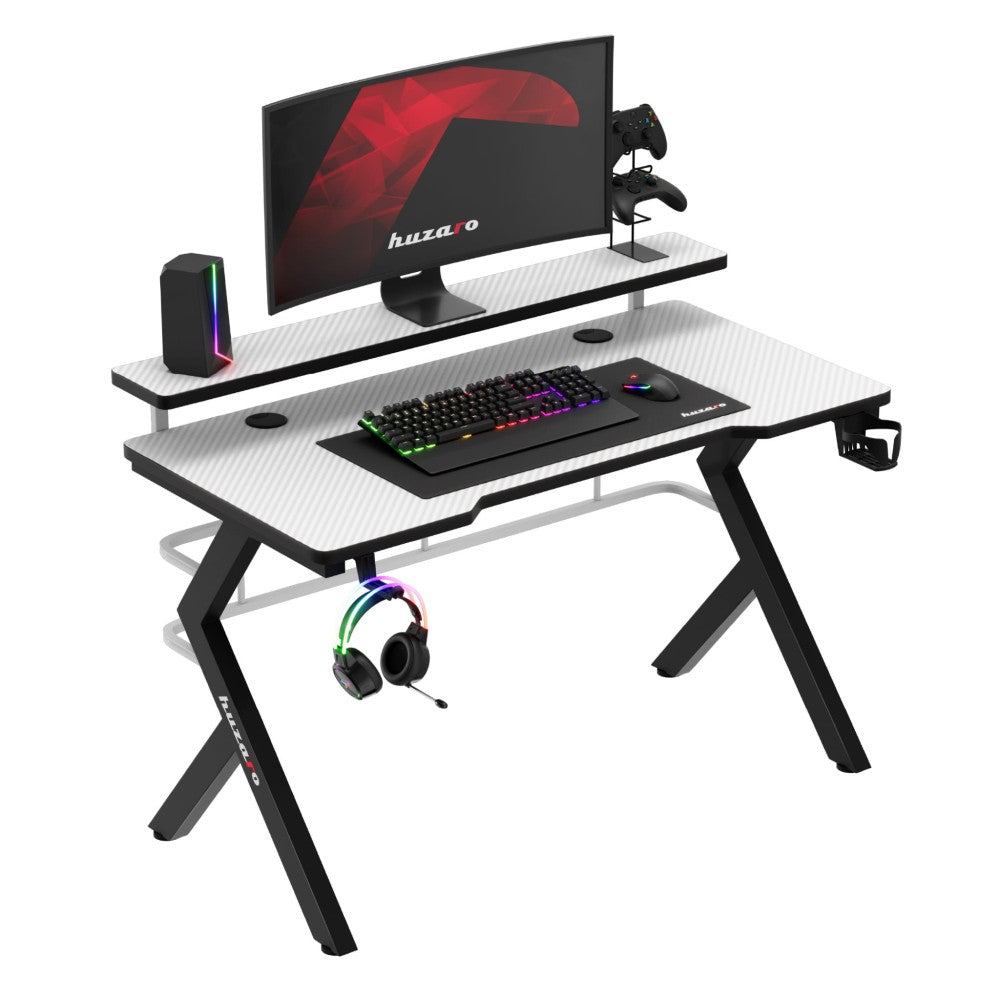 Huzaro Hero 5.0 hvitt gamingbord 120 cm sett forfra med carbon-belegg