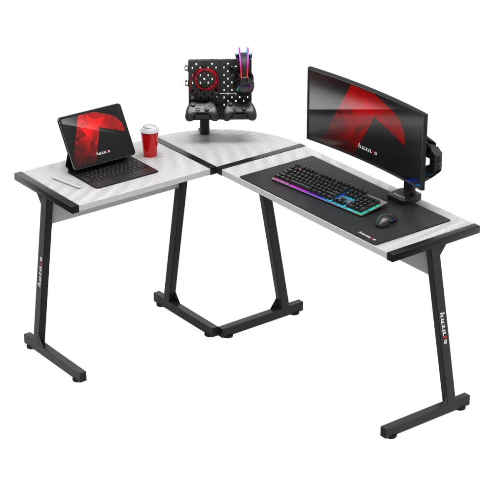 Huzaro Hero 6.0 hvitt hjørnegamingbord 147 cm med carbonbelagt MDF-plate