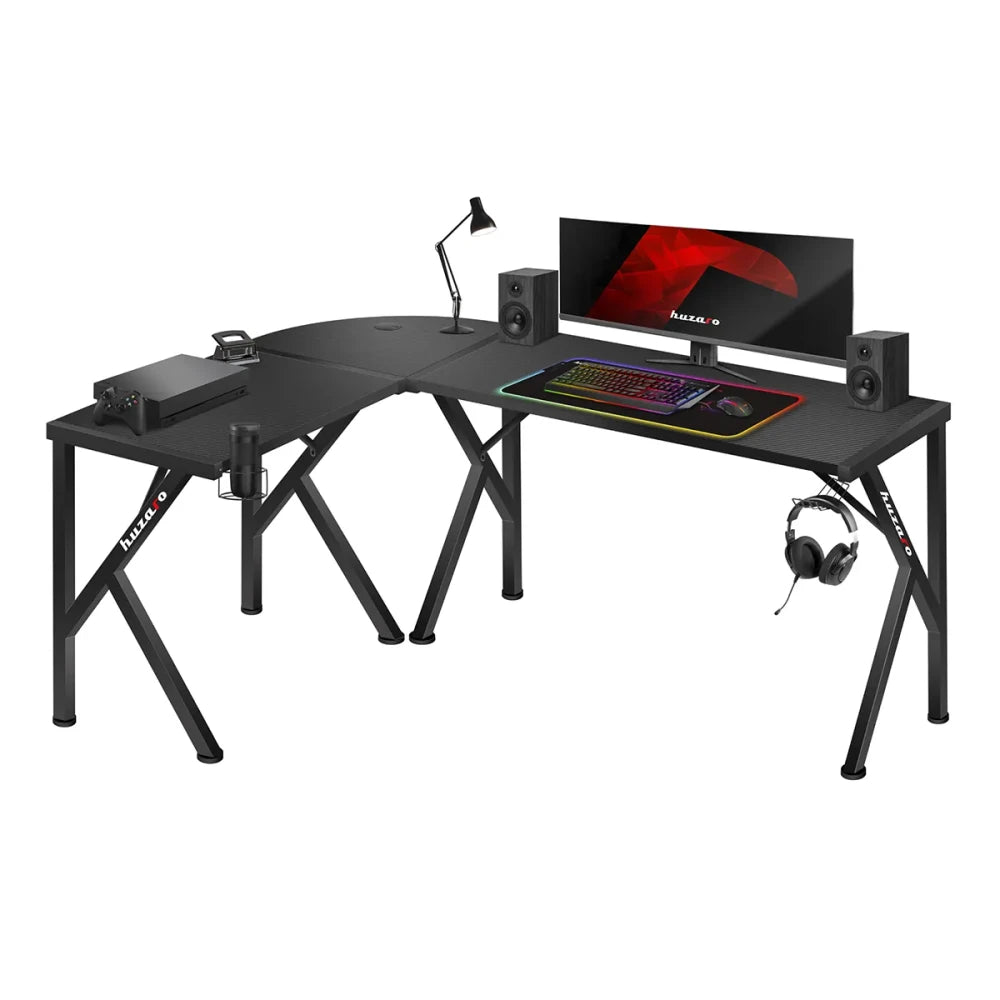 Huzaro Hero 6.3 svart hjørnegamingbord 154 cm sett forfra med carbon-belegg