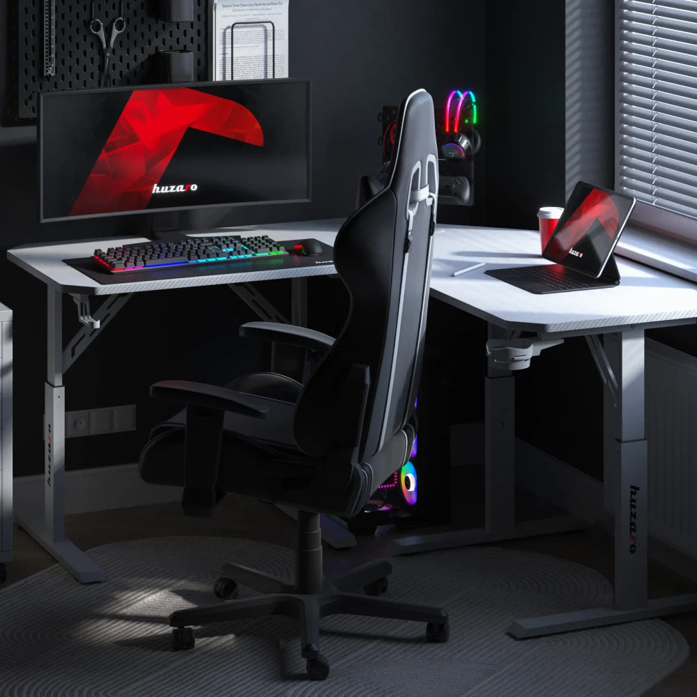 Huzaro Hero 7.3 hvit gamingbord – bordplate ovenfra, full L-flate